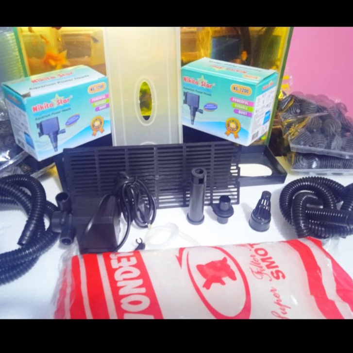 PAKET MURAH POMPA PEMBERSIH AQUARIUM NS 1200 MERK NIKITA STAR PLUS BOX FILTER DAN KAPAS PEMBERSIH DLL