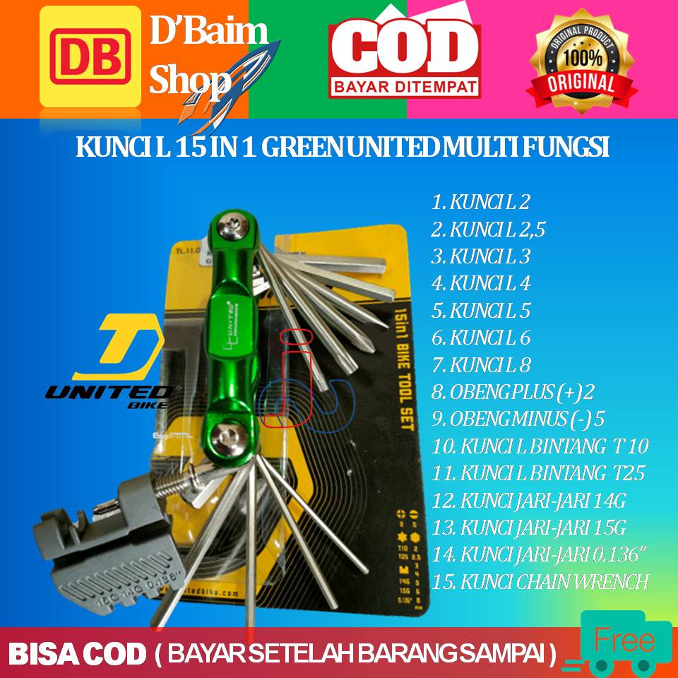 Kunci L Sepeda 15 in 1 United Green Kunci Multi Fungsi Kunci Sepeda United