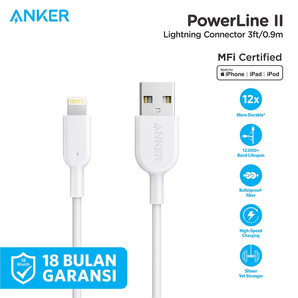 Kabel Charger Anker PowerLine II 3ft Lightning - A8432