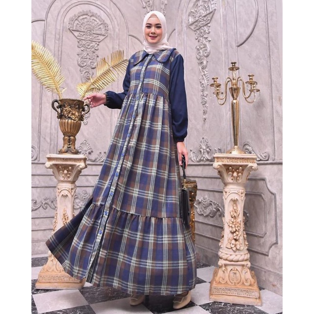 ZAJA - Baju Gamis Rianty Dress /Terbaru Gamis Motif Kotak Kotak Kombinasi Polos Desain Simple Dan Menawan / Dress Muslim Flanel Kasual Full Motif / Gamis Murah Menawan / Baju Muslim Kotak-kotak Mix Polos Wanita