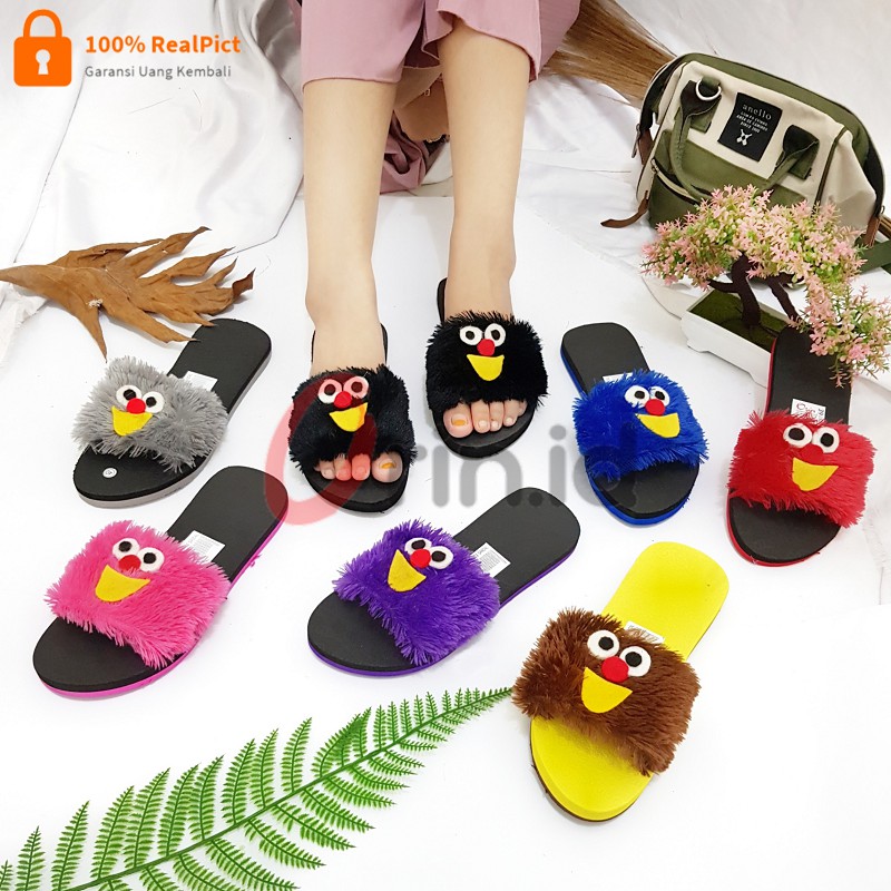 ORIN - Sandal Selop ELMO Bulu Two Tone Lucu / Sandal Teplek Kokop Rasfur Murah