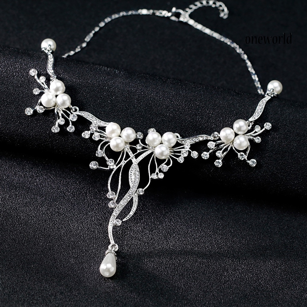 OW@ Rhinestone Faux Pearl Flower Necklace Earrings Women Wedding Jewelry Set