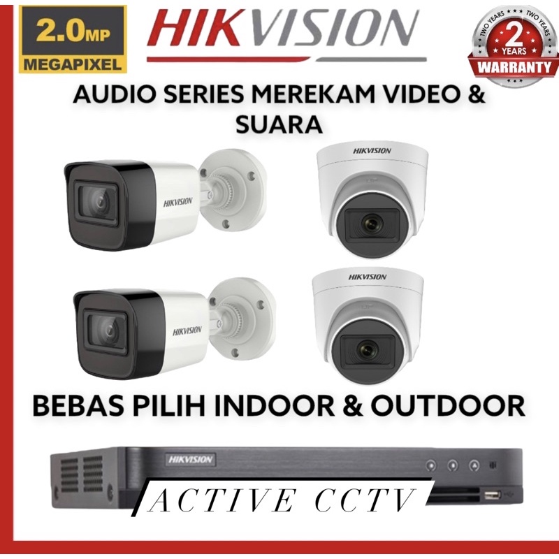 paket camera cctv 4 kamera hikvision 2mp video dan audio built in mic 1080p 4 channel ch bisa rekam suara 4ch