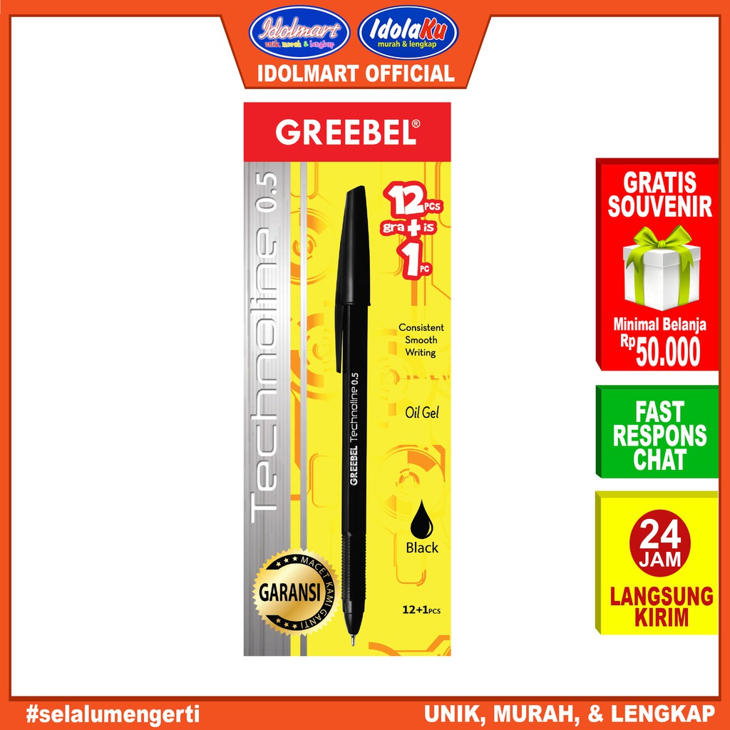 

IDOLAKU Pulpen greebel / Ballpoint / Balpoint / Bolpen/ Pen Technoline 0.5 BLACK (12+1)