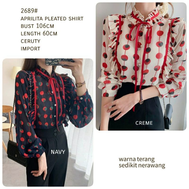 MDLV ~ 2689 Aprilita Pleated Shirt Blouse wanita Blouse Premium Blouse Import Blouse Chiffon Blouse Polkadot Kemeja Fashion Kemeja Import Kemeja Premium Kemeja Polkadot Fashion Import