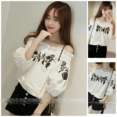 BAJU/BLOUSE KOREA WANITA [sabrina rose black RO] blouse wanita katun rayon putih 97VWC