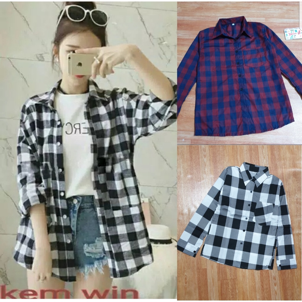 GSL KEMEJA WANITA CASUAL JUMBO KOREA LENGAN PANJANG IMPORT POLOS KOTAK KOTAK OVERSIZE Baju Kemeja Atasan Wanita Hitam Puith Terbaru 2021 Kekinian Viral-Kotak hitam putih