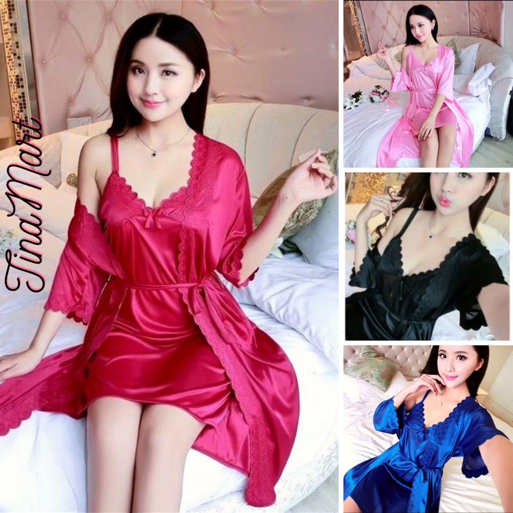 Kimono Lingerie (Jumbo & Standar) - Dress Tanktop + Outer Bahan Satin - Baju Tidur Seksi