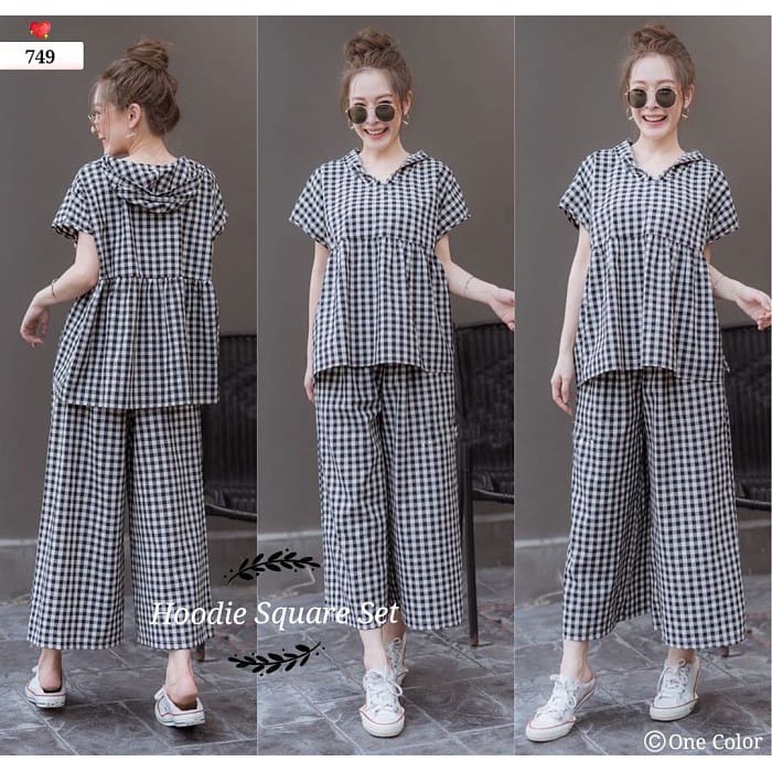 C17 Hoodie Square Set 749 Setelan Wanita Hoodie Motif Kotak Pakaian Trendy