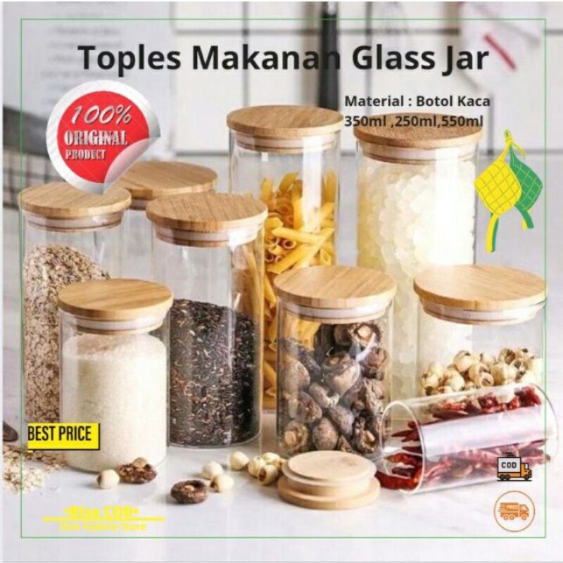 Toples Kaca Tutup Kayu Bulat Kedap Udara Borosilicate Glass Storage Jar Bumbu Dapur Kue Lebaran