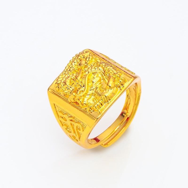 Cincin Emas Asli Kadar 375 Model Terbuka Dapat Disesuaikan Desain Naga Timbul Untuk Pria