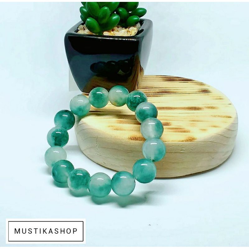 BATU DINGIN Gelang Giok Hijau Putih Asli Natural 12MM