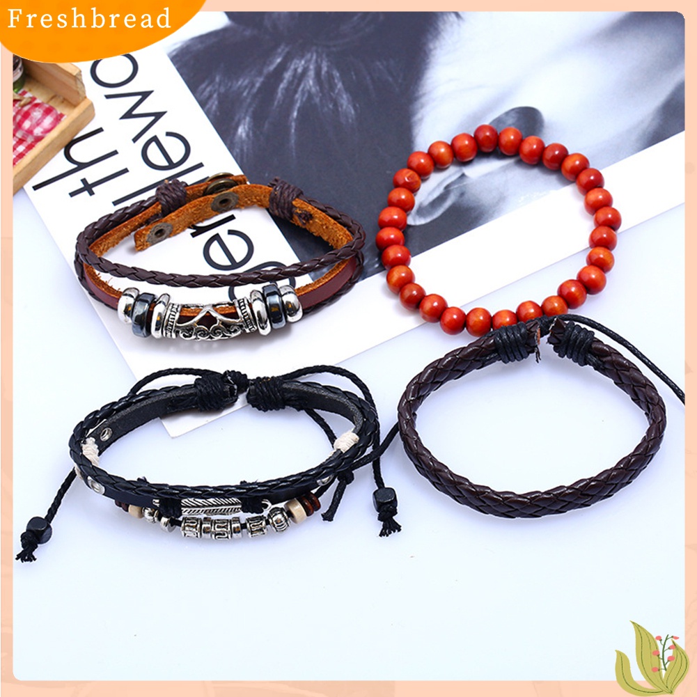 [TERLARIS]4 Pcs Retro Punk Men Beads Faux Leather Braid Multi Layers Adjustable Bracelets