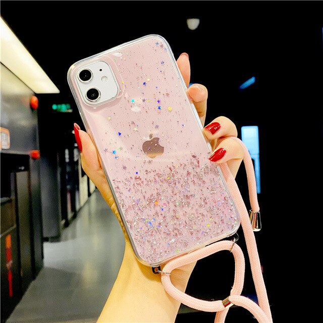 Case Bahan Silikon Aksen Glitter Dengan Tali Lanyard Untuk Iphone 12 12pro 12promax 12mini 11 Pro Max Xr Xs Max 6 7 8 Plus