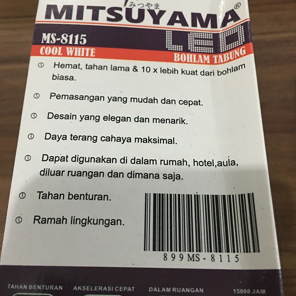 Bohlam Tabung LED 15W Terang Besar Cahaya Putih Merata Mitsuyama MS8115