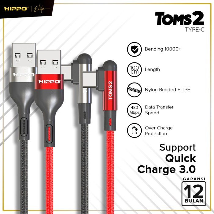 Hippo Kabel Data Gaming Mobile Toms2 USB to TYPE C Fast Charging 3A Cable TYPE C USB Data Colokan L 90 Derajat Data Cable Android