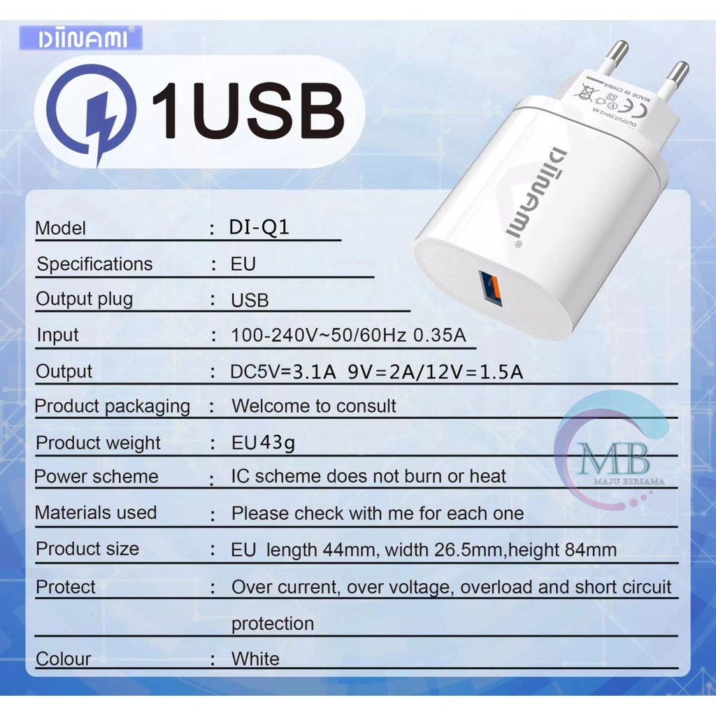 DIINAMI Adaptor Charger DM-Q1 Batok Charger Single Port Quick Charger 18W Qualcomm QC3.0 3A Output - Garansi Original Resmi 1 Tahun MB3627