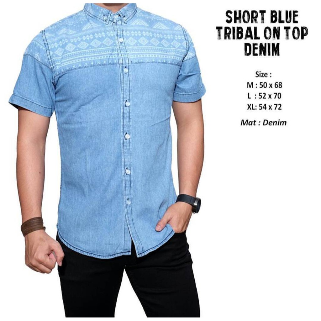 Credomenstore Kemeja Jeans  Denim  Pria Biru  Kombinasi  