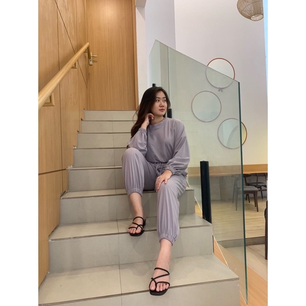 JOSHIN Set croptop ciara - setelan croptop panjang - setelan joger kaos crop waffle