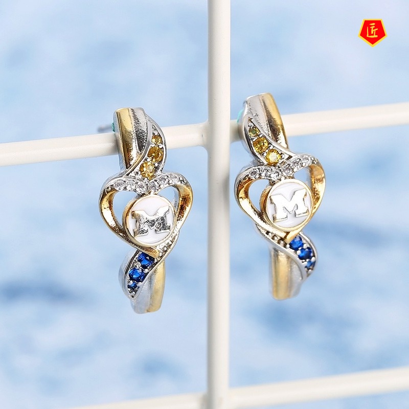 [Ready Stock]Simple Ring Heart-Shaped Two-Color Ear Stud Necklace Suit