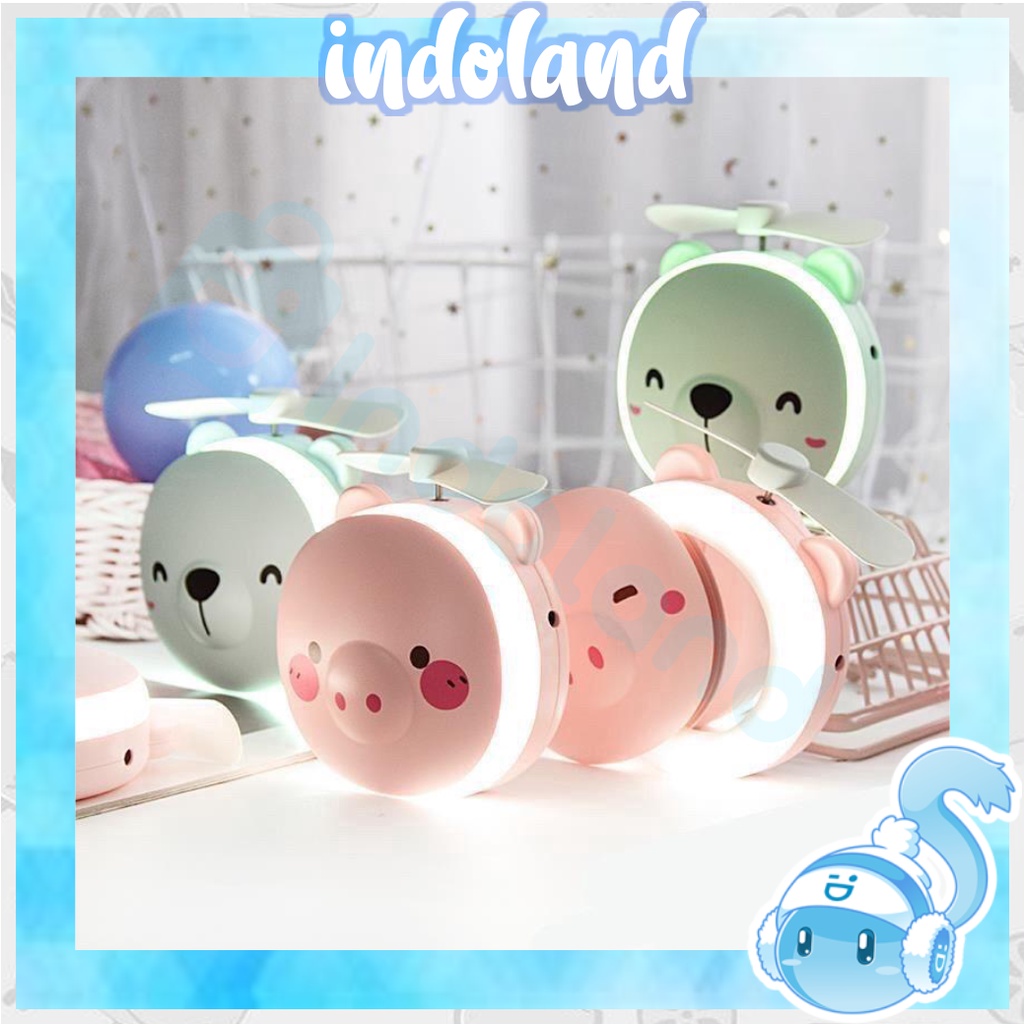 ☀ INDOLAND ☀ CERMIN LAMPU LED Mini Fan Kipas karakter 3In1 Portable USB Kaca Rias Make Up Murah R191