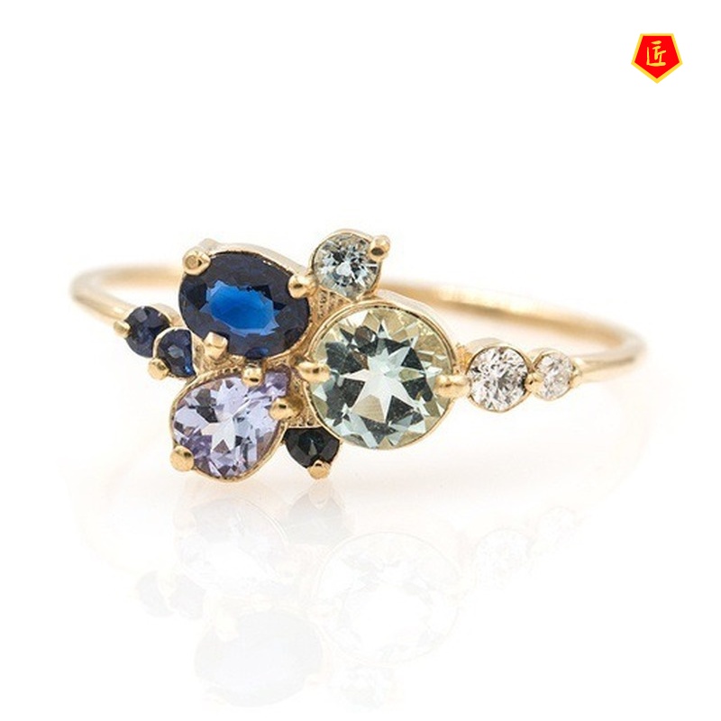 [Ready Stock]18K Gold Three Ring Set Inlaid Topaz Sea Blue Gem Simple and Elegant