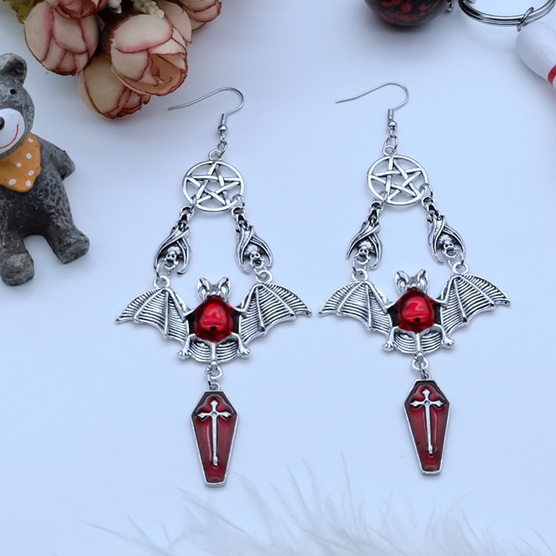 Anting Desain Kelelawar Peti Mati hexagram Gaya punk Gothic Untuk Halloween