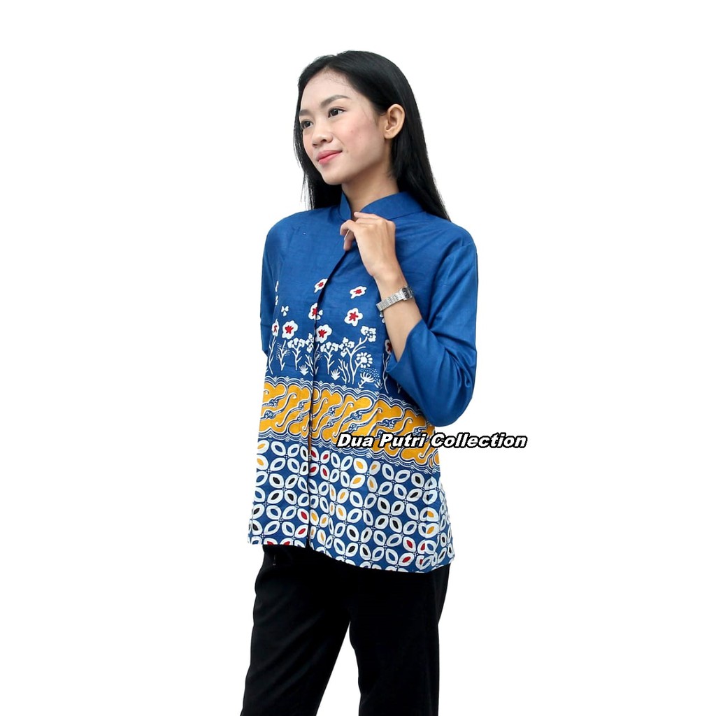 Batik Wanita Atasan Blouse Lengan Panjang Kancing Depan merah-kuning-biru-hitam