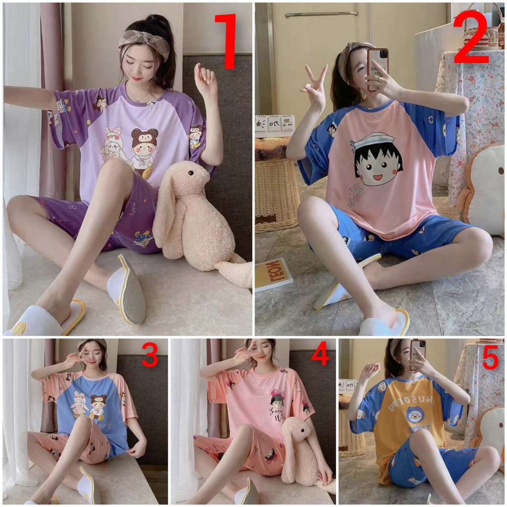 Baju tidur piyama  bahan spandek import lengan pendek celana tujuh perdelapan