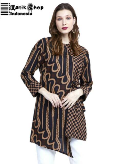 ADA JUMBO Tunik Genes Ziggy Tali Batik Wanita Baju Kerja Kantoran Kondangan Parang Hitam Sogan