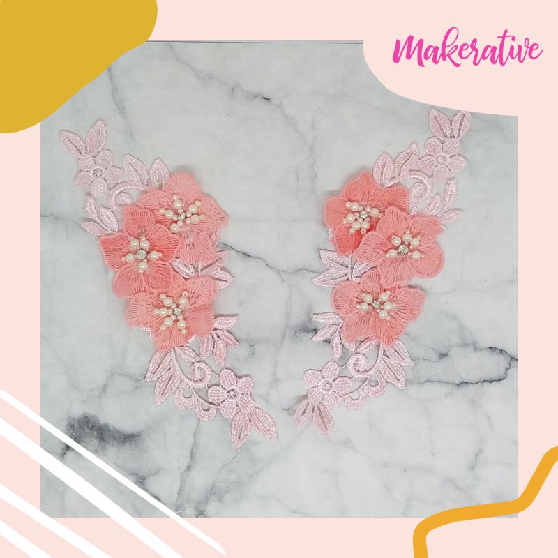 Set Aplikasi Jahit Baju Gaun Bordir 3d Bunga Pink