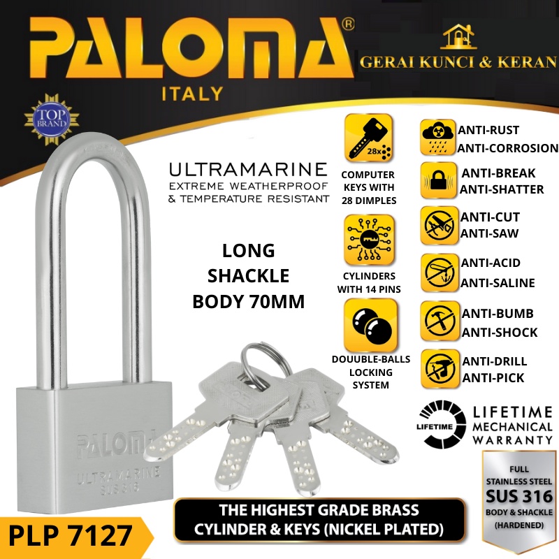 PALOMA PLP 7127 Gembok Padlock 70MM LONG Anti Cut STAINLESS SUS 316