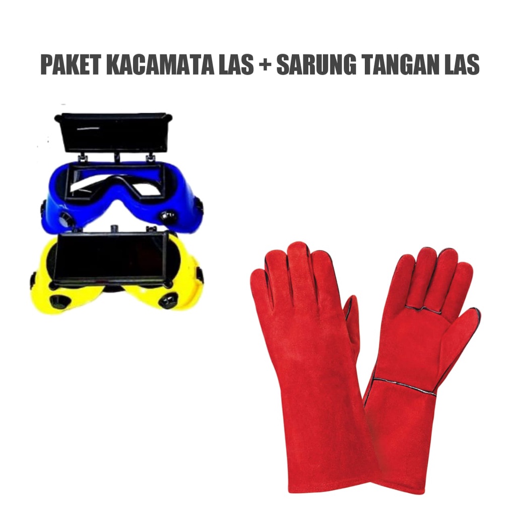 PAKET HEMAT - ALAT LAS kacamata las dan sarung tangan las kulit merah Safety Welding Goggles BERKUALITAS