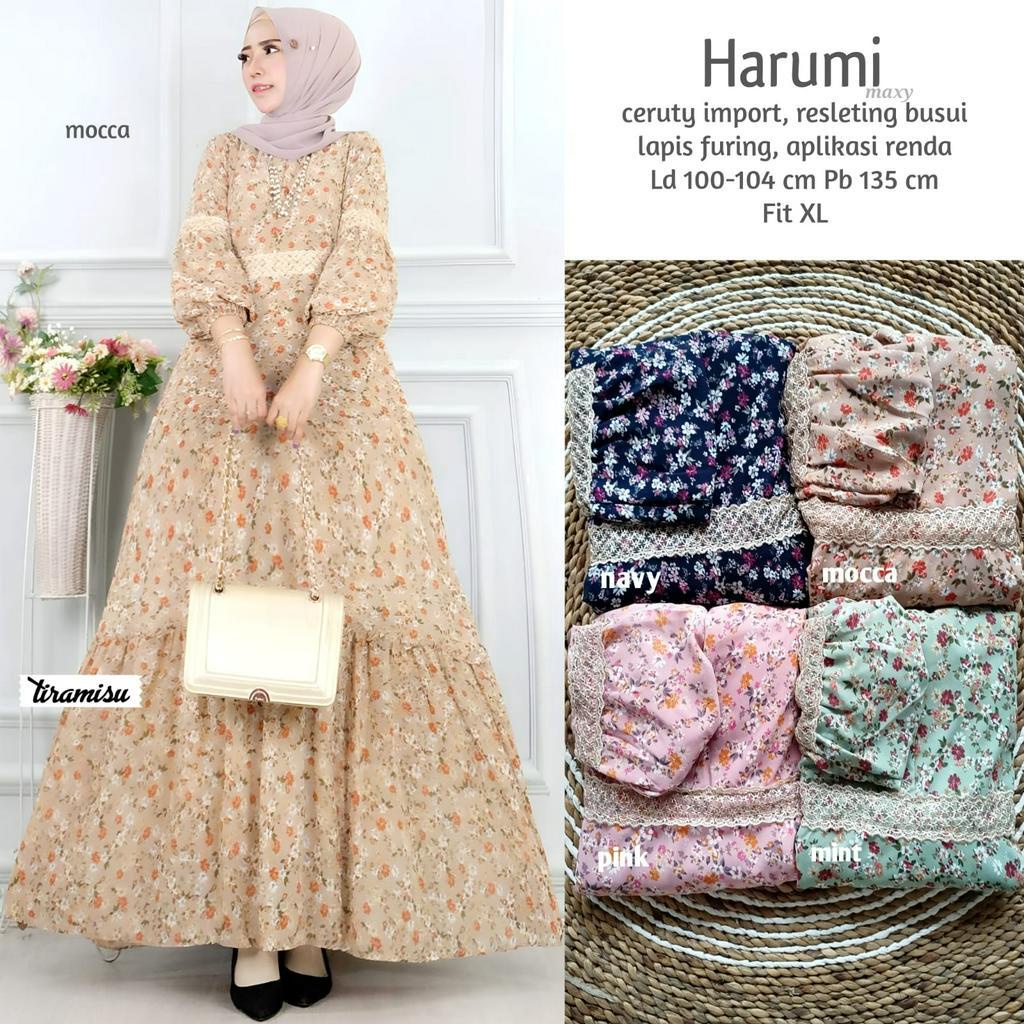 HARUMI DRESS / 20.7 / BAHAN CERUTY FULL FURING / LD 100-104 CM / PB 135 CM / DRESS WANITA / FIT M-XL / ALLSIZE JUMBO / TIRAMISU