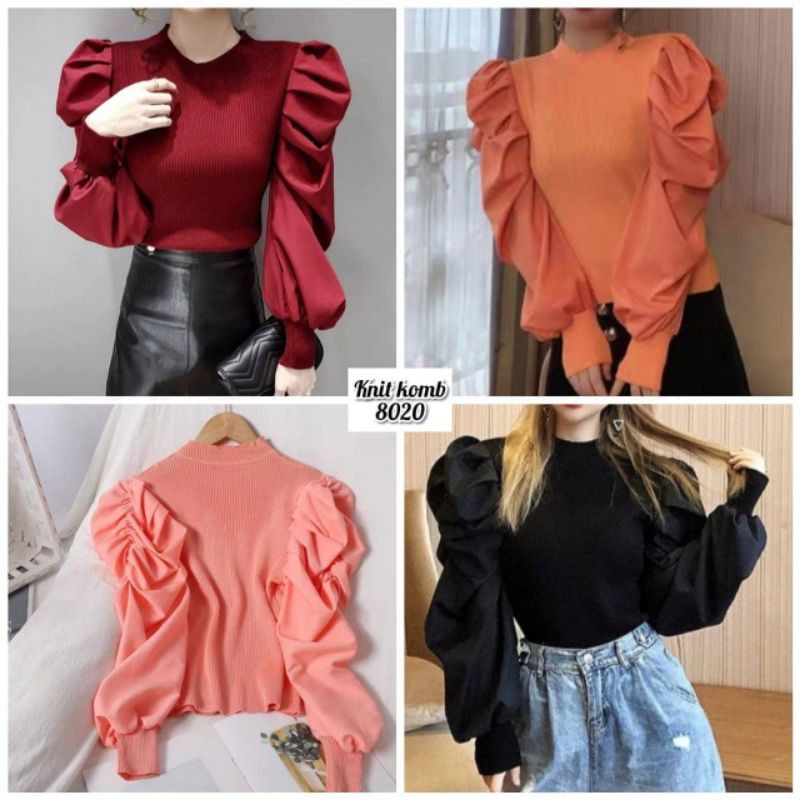 ready atasan blouse lengan puff balon rajut import