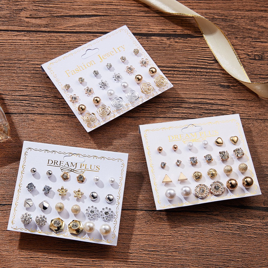 12 Pasang Anting Tusuk zircon Bulat Aneka Warna Untuk Wanita