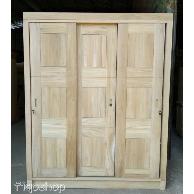 ALMARI PAKAIAN LEMARI SLEDING MINIMALIS PINTU 3 KAYU JATI FURNITURE JEPARA