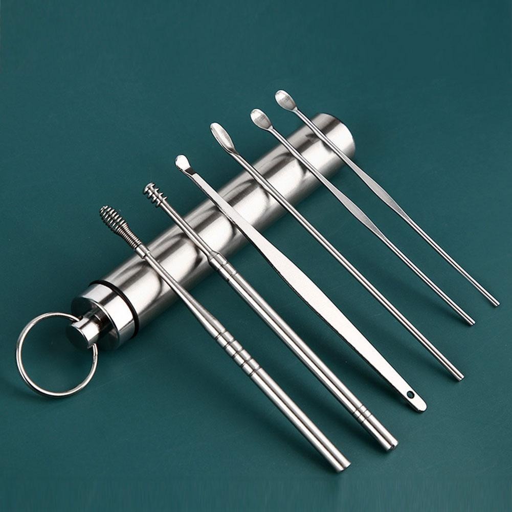 Free Case Pembersih Kotoran Telinga Set 6pcs Korek Kuping Stainles Ear Wax Picker