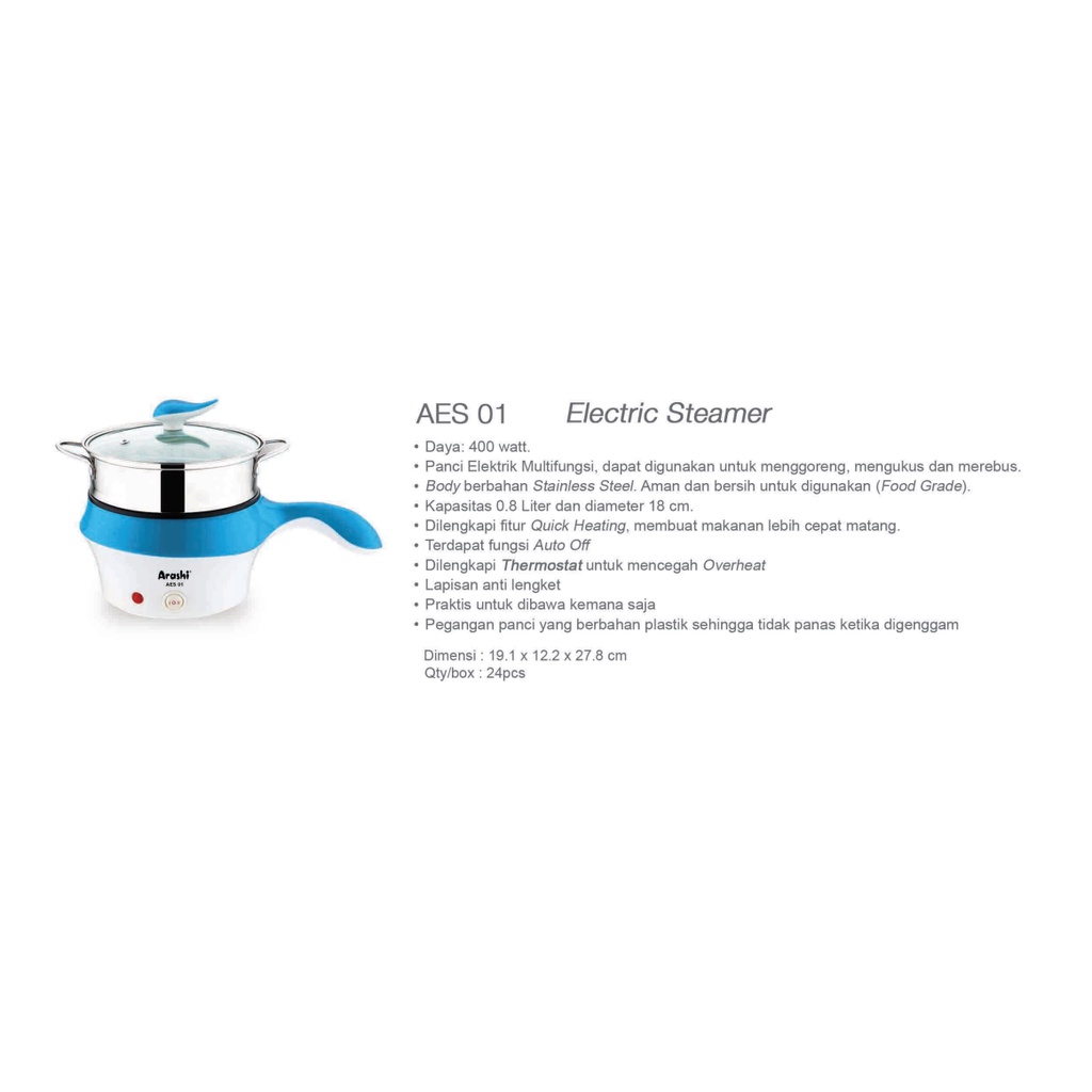 Arashi AES-01 Electric Steamer Panci Listrik AES01 Panci Kukus Elektrik Listrik Kukusan Stainless