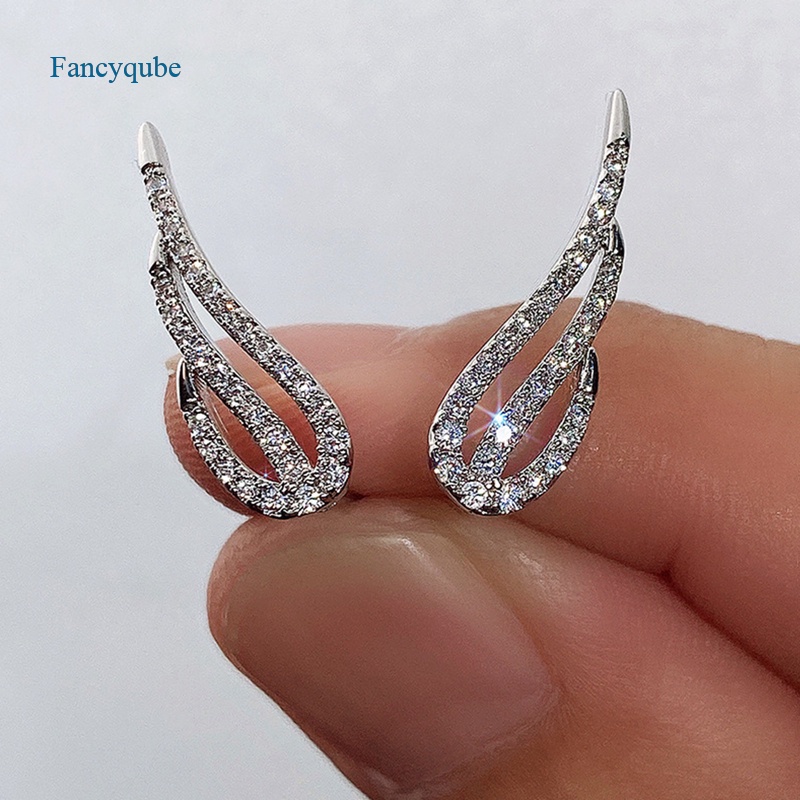 Fancyqube Anting Desain Sayap Aksen Batu Cz Warna Silver Untuk Wanita