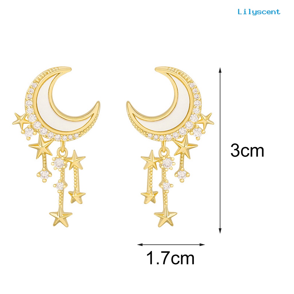 1 Pasang Anting Stud Rumbai Bentuk Bulan Bintang Aksen Berlian Imitasi Untuk Wanita
