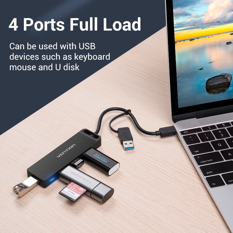 Vention Hub USB 3.0 2 in 1 Dengan 4 Port USB 3.0 Untuk Laptop / Komputer / Hard disk / Handphone