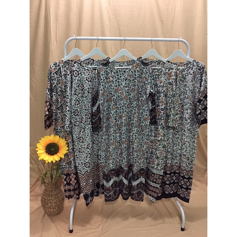 Baju Tidur Daster Batik Longdress Lengan Panjang Motif Bunga Hitam Putih