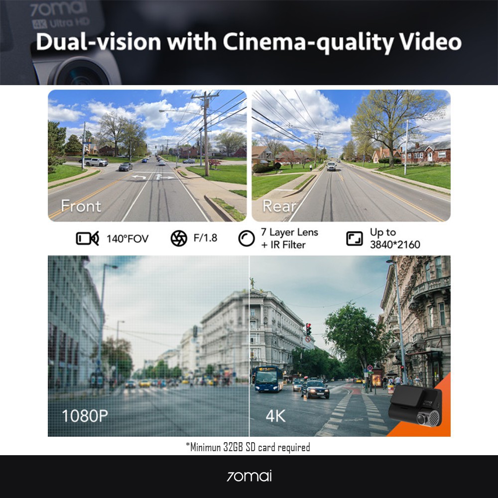 70mai Dash Cam A800s HD 4K 2160P GPS ADAS Set (Front+Rear Camera)-2