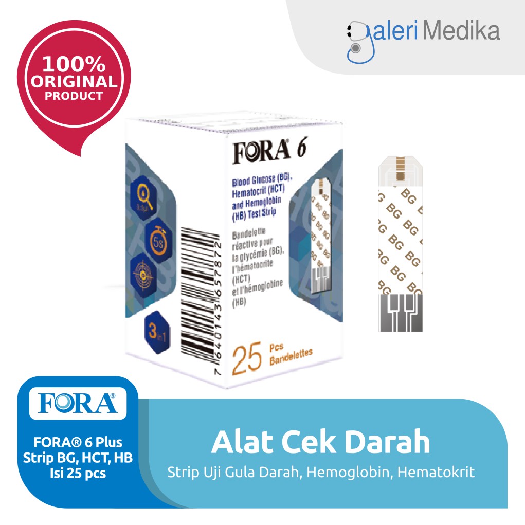 FORA 6 Plus 6in1 Strip Gula Darah, Hematokrit &amp; Hemoglobin Isi 25 pcs