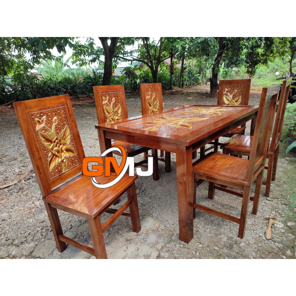 meja makan jati motif minimalis 6 kursi dan kaca