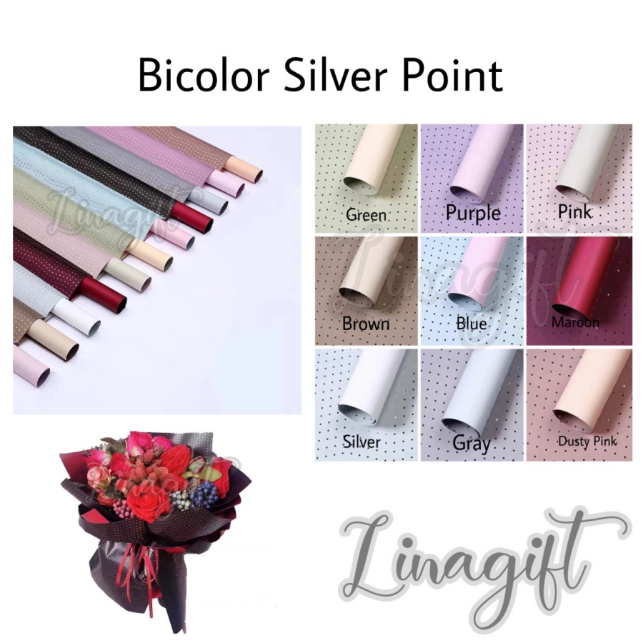 ( 5 Lembar ) BICOLOR SILVER POINT - CELLOPHANE POLKADOT SILVER GLITTER FLOWER WRAPPING PAPER  CELLOPHANE BI COLOR/ KERTAS BUNGA/ BUKET/ FLORIST