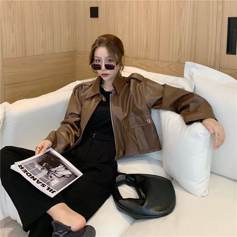 Mantel Kulit Antik Wanita 2020 Baru Longgar Hitam Pu Jaket Wanita Single Breasted Punk Pendek Faux Kulit Mantel Mujer