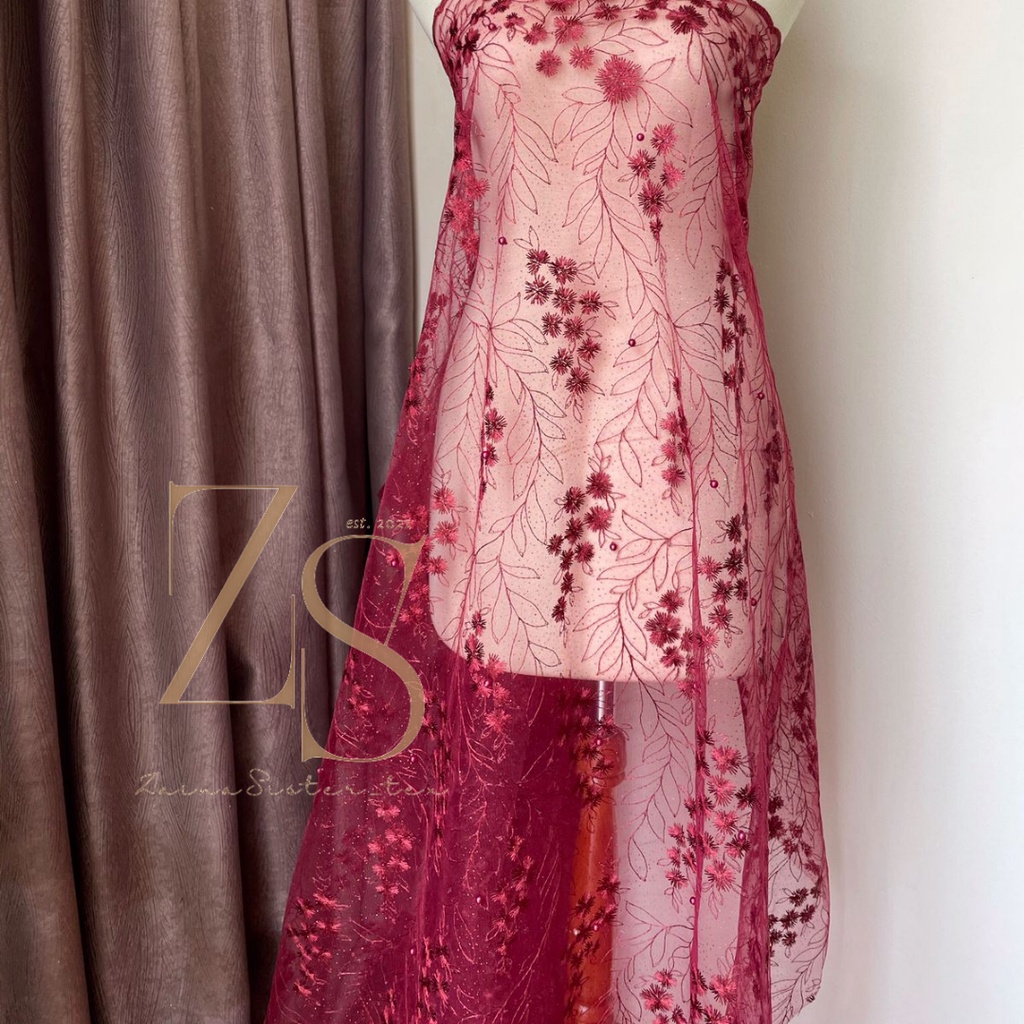 Bahan Kain Kebaya Brukat Brokat Tile Mutiara Charlotte Warna Merah Marun Maroon