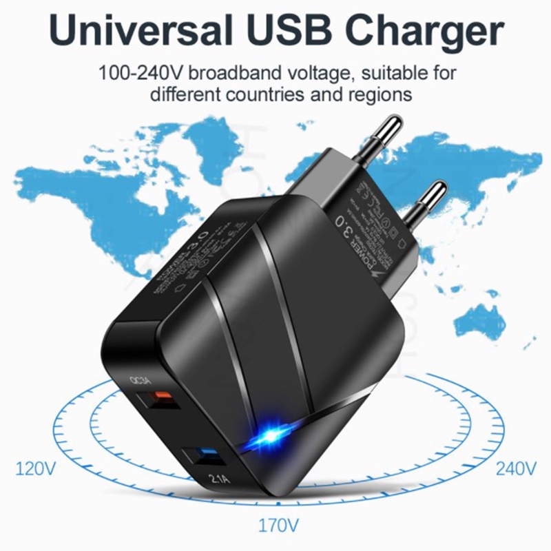 Charger Dual USB 28W Dengan Lampu Qc3.0 + 2.1A Plug US / EU